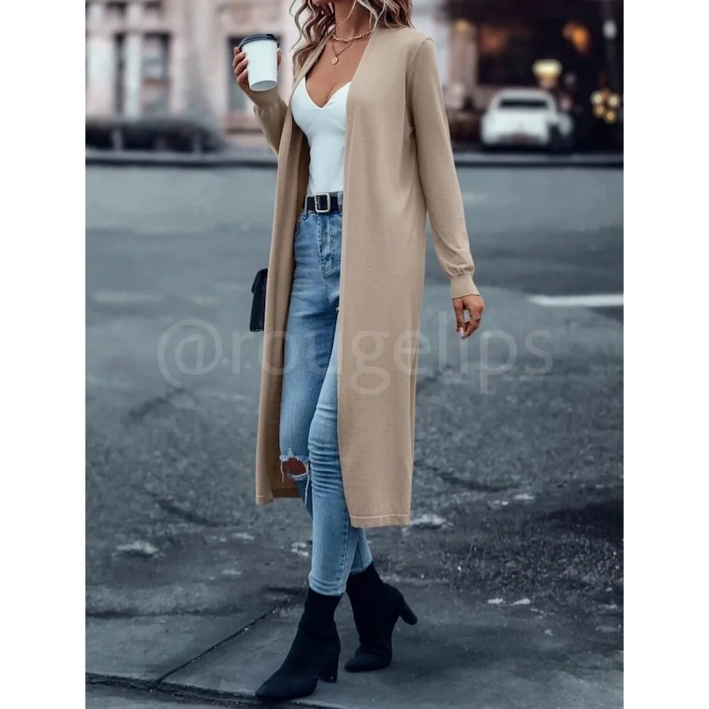 Beige Khaki Tan Light Duster Cardigan Open Long Sleeve  Knit, Stretchy - Picture 2 of 8